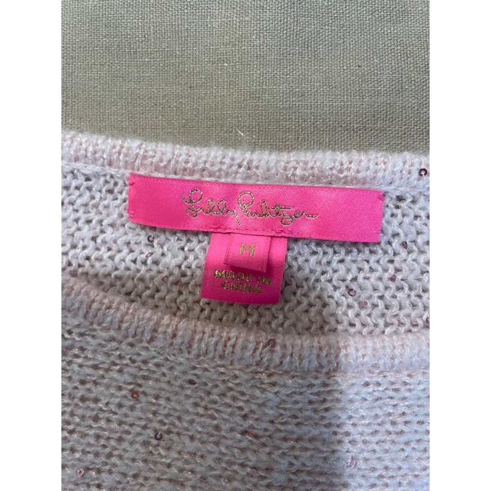 Lilly Pulitzer Metallic Sequins PINK BLOSSOM SOLEEN SWEATER Sz M Boatneck - Picture 2 of 5